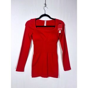 Feminine Modern Ribbed Knit Nan Ji Square Neck Long Sleeve Top Womens Size S Red